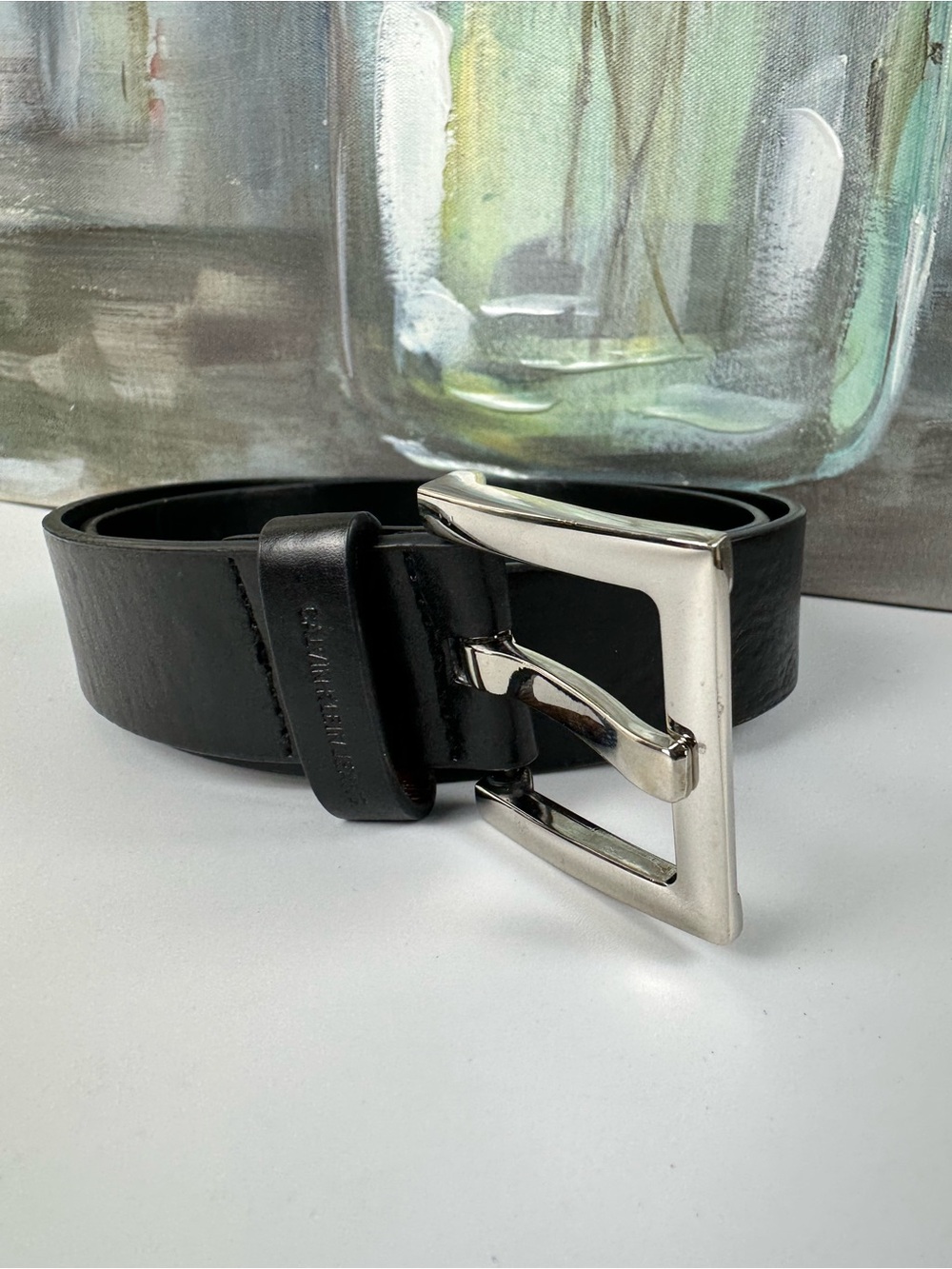 Calvin Klein Jeans Black Leather Belt with Polished Silver Buckle